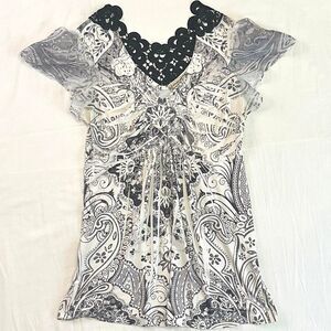 2000s Energe Black White Floral Paisley Top Rhinestones Lace Sz PS Alt Boho